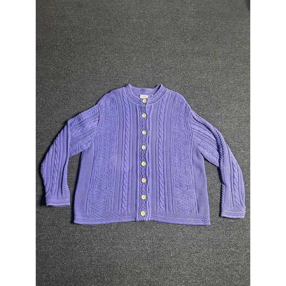 LL Bean Cable Knit Cardigan Button Front Sweater Purple Womens XL Outdoor Granny